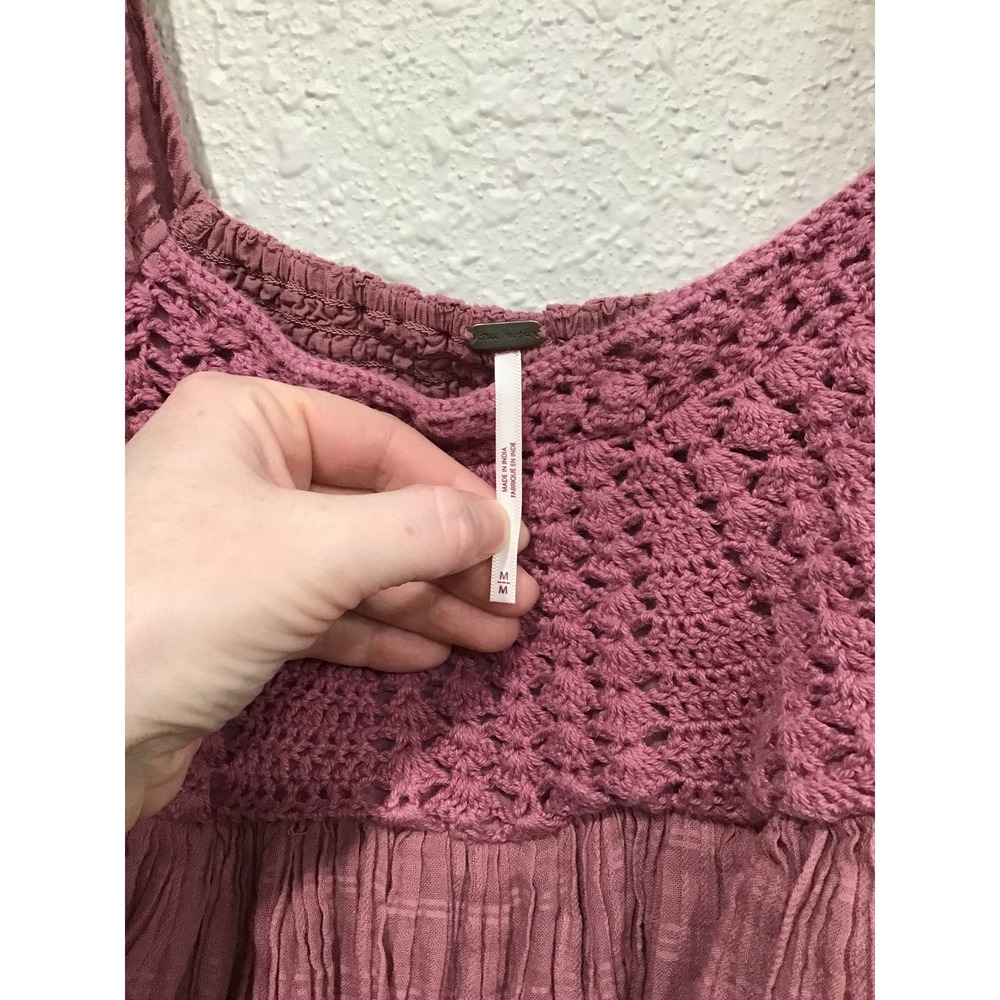 Free People Ari Mini Dress Pink Gauze Crochet Babydoll M Boho Cottage Romantic - Picture 6 of 9